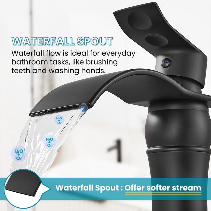 gotonovo Waterfall Vessel Sink Faucet for Sink 1 Hole,Single Handle Tall Bathroom Sink Faucet,Brass Waterfall Bathroom Faucet Arc Body Mixer Tap with Pop Up Drain and Supply Line