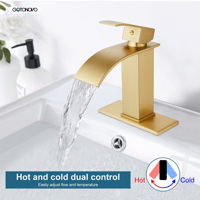 gotonovo Waterfall Bathroom Sink Faucet Single Hole 1 Handle Lavatory Vanity Faucet with Deck Plate Deck Mount Hot & Cold Water Mixer Tap