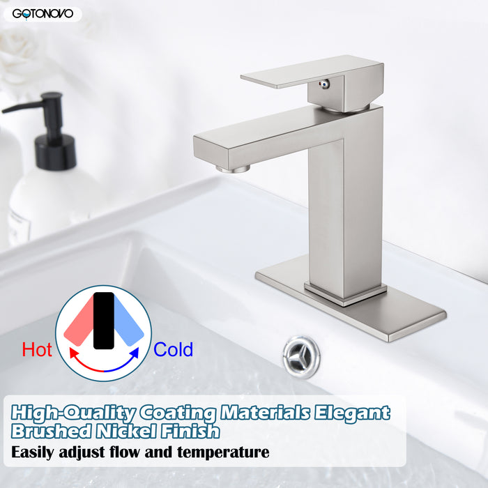 gotonovo Bathroom Sink Faucet Single Handle 1 Hole One Lever Stainless Steel SUS304 Commercial Deck Mount Lavatory Mixer Tap Include Pop Up Drain and Cover Plate