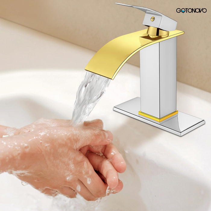 gotonovo Bathroom Sink Faucet Single Handle 1 Hole Waterfall Spout Vanity Sink Faucet Deck Mount Mixer Tap Lavatory with Deck Plate and Pop Up Drain