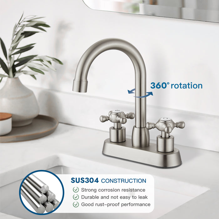 4 Inch centerset Bathroom Faucet Double Cross Handle Vanity Faucet 360° Swivel Spout Deck Mounted Mixer Tap with Pop up Drain Water Supply Hoses