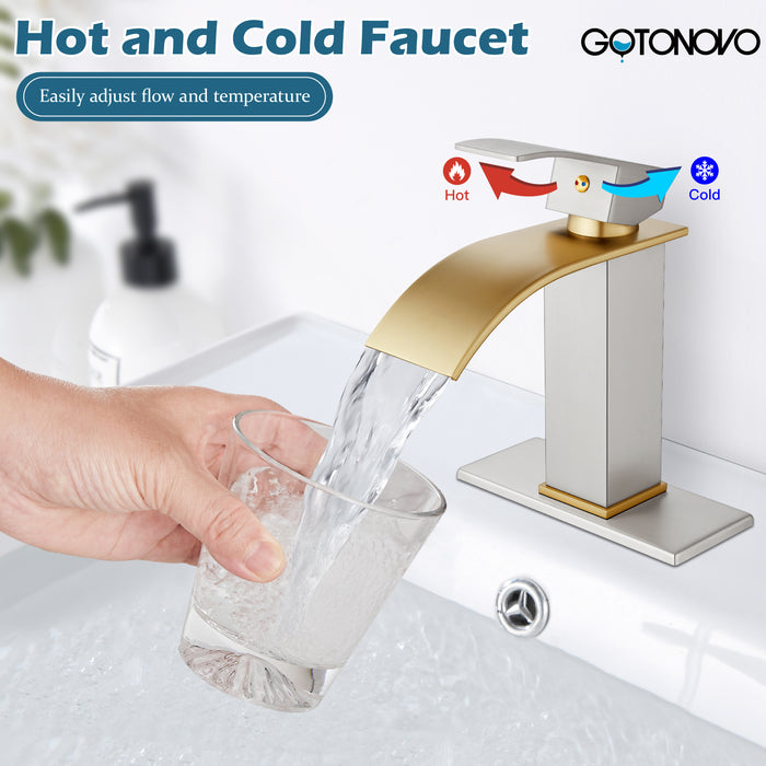 gotonovo Bathroom Sink Faucet Single Handle 1 Hole Waterfall Spout Vanity Sink Faucet Deck Mount Mixer Tap Lavatory with Deck Plate and Pop Up Drain