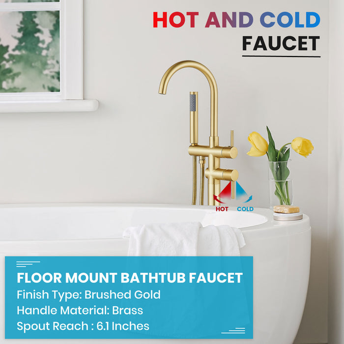 gotonovo Freestanding Tub Faucets Floor Mount Tub Filler, High Flow Free Standing Bathtub Faucet Stand Alone with Handheld Shower and Rough-in Valve,360° Swivel High-Arc Spout,SUS304