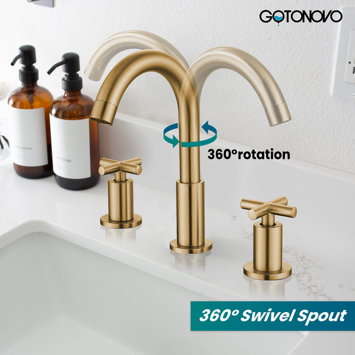 gotonovo 3 Hole Bathroom Faucet 8 inch Widespread Sink Vanity Faucet for Bathroom Sink 2 Cross Handle Deck Mount Basin with Pop Up Drain 360° Swivel Spout