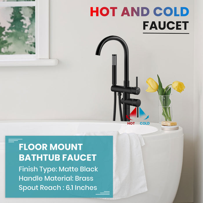 gotonovo Freestanding Tub Faucets Floor Mount Tub Filler, High Flow Free Standing Bathtub Faucet Stand Alone with Handheld Shower and Rough-in Valve,360° Swivel High-Arc Spout,SUS304