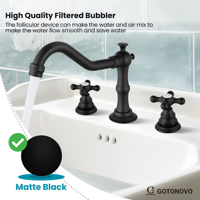 gotonovo Bathroom Sink Faucet Deck Mount Widespread Double Mixing Tap Cross Knobs 3 Hole with Pop Up Drain