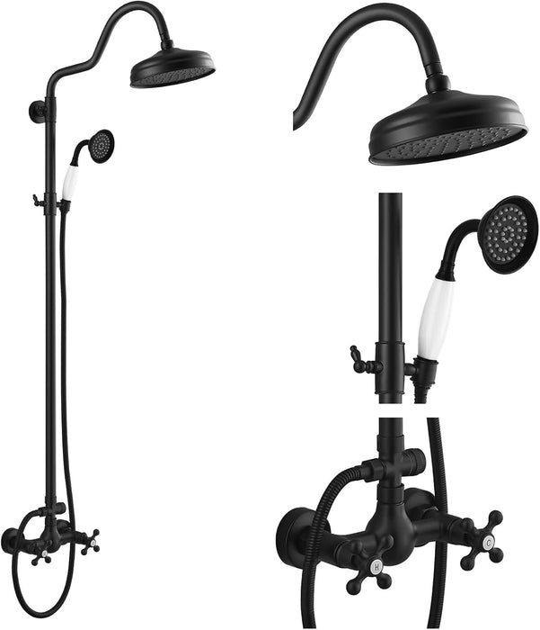 gotonovo Exposed Shower System Combo Set 8inch Rainfall Shower Head and Handheld Spray Double Knobs Cross Handle Dual Function Bathroom Shower Faucet Set