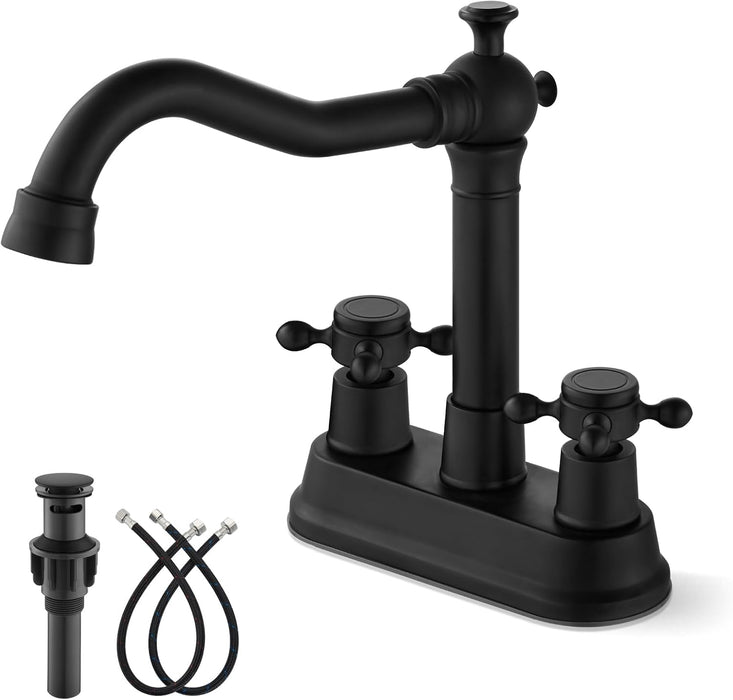 gotonovo 4 Inch Centerset Bathroom Sink Faucet 2 Hole Brass 2 Double Cross Handles Vanity Deck Mounted Mixer Tap Basin Lavatory Faucet Include Water Hose with Pop Up Drain