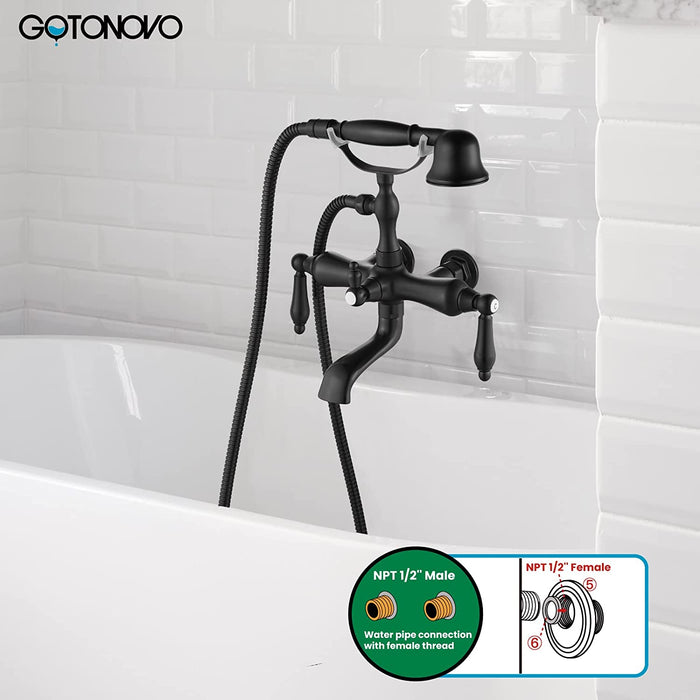 gotonovo Vintage Clawfoot Tub Faucet 3 3/8 Wall Mounted With Handheld Shower Sprayer with Tub Spout Double Level Handle Hot and Cold Water Mixer Shower Faucet Set