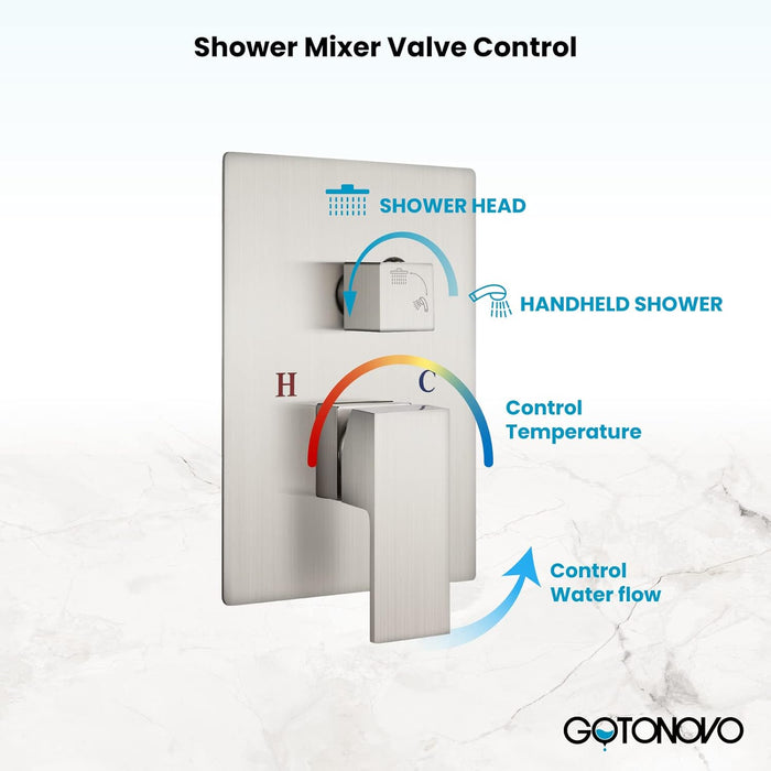 gotonovo Wall Mounted Shower System Brushed Nickel Shower Combo Set with 10 Inches Square Rain Shower Head High Pressure Head Hand Held Pressure Balance Rough-in Valve(Male Thread)