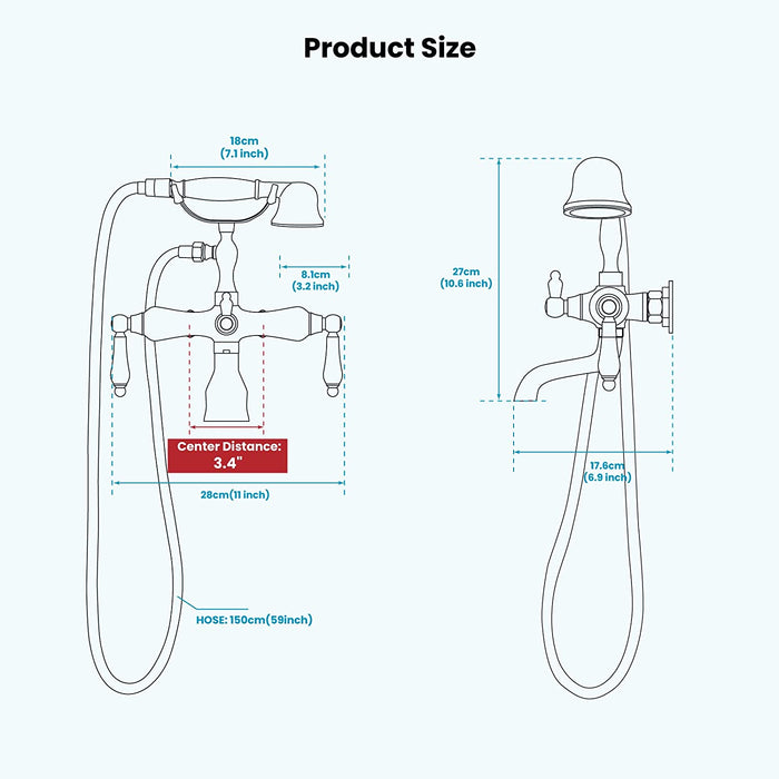 gotonovo Vintage Clawfoot Tub Faucet 3 3/8 Wall Mounted With Handheld Shower Sprayer with Tub Spout Double Level Handle Hot and Cold Water Mixer Shower Faucet Set