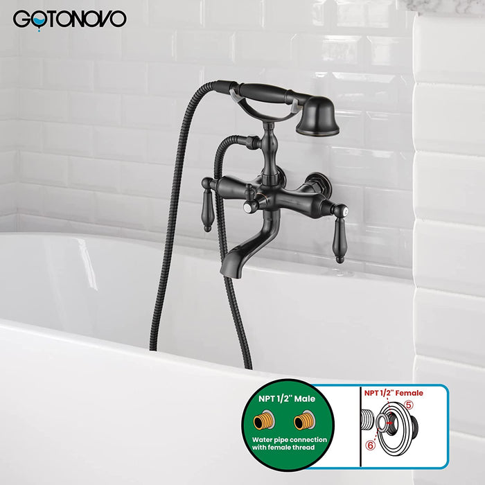 gotonovo Vintage Clawfoot Tub Faucet 3 3/8 Wall Mounted With Handheld Shower Sprayer with Tub Spout Double Level Handle Hot and Cold Water Mixer Shower Faucet Set