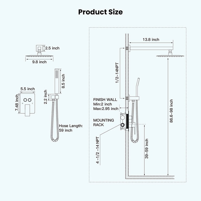 gotonovo Push Button Rain Shower System Rainfall Shower Head with Handheld Shower Wall Mount Pressure Balance Valve Included Dual Functions