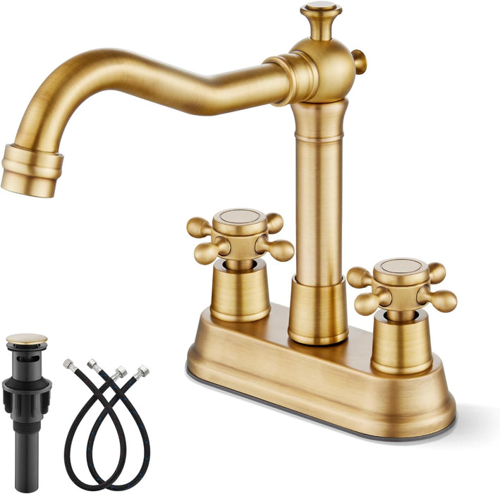 gotonovo 4 Inch Centerset Bathroom Sink Faucet 2 Hole Brass 2 Double Cross Handles Vanity Deck Mounted Mixer Tap Basin Lavatory Faucet Include Water Hose with Pop Up Drain