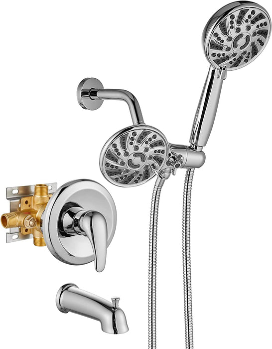 gotonovo 3-way Water Diverter Dual 2 in 1 Shower Head Combo Shower System with 5 Functions Adjustable Handheld Showerhead and Tub Spout Shower Faucet Set(Rough In Valve Included)
