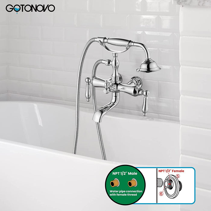 gotonovo Vintage Clawfoot Tub Faucet 3 3/8 Wall Mounted With Handheld Shower Sprayer with Tub Spout Double Level Handle Hot and Cold Water Mixer Shower Faucet Set