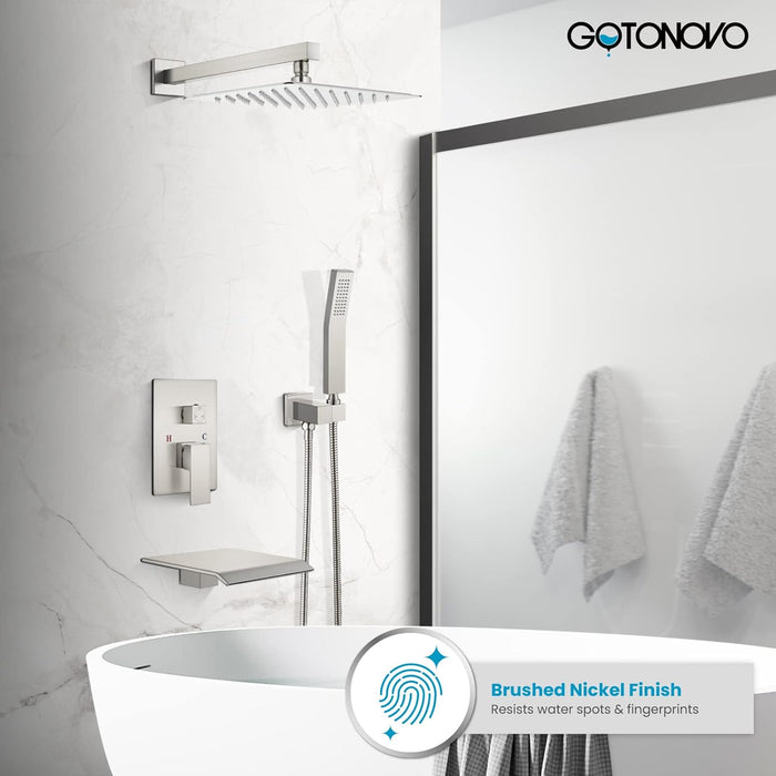 gotonovo Brushed Nickel Rain Mixer Shower Faucet Set Waterfall Tub Spout with 12 inch Square Rainfall Shower Head and Handheld Spray Wall Mounted Rough-in Valve and Trim Included