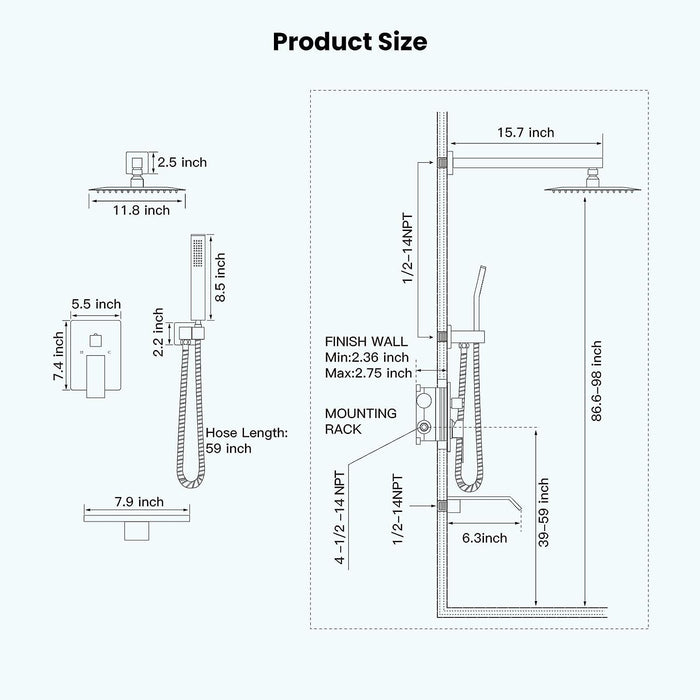 gotonovo Brushed Nickel Rain Mixer Shower Faucet Set Waterfall Tub Spout with 12 inch Square Rainfall Shower Head and Handheld Spray Wall Mounted Rough-in Valve and Trim Included