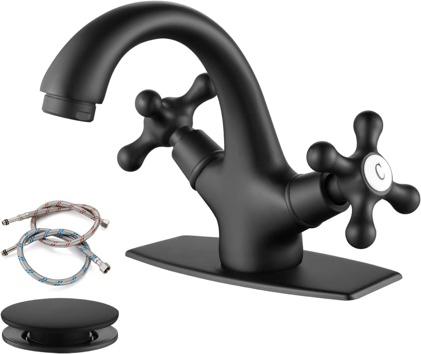 gotonovo Bathroom Sink Faucet with Pop up Drain with Overflow Double Cross Handle Single Hole Deck Mount Vanity Basin Cold Hot Lavatory Mixer Tap