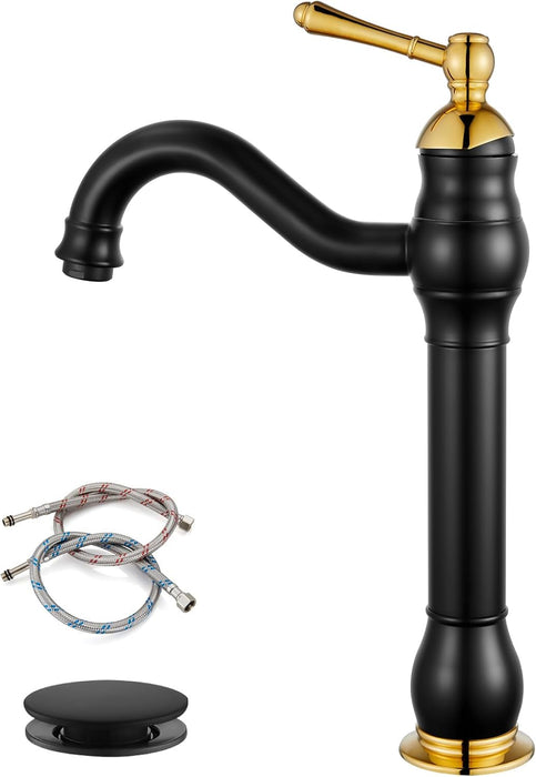 gotonovo Bathroom Vessel Sink Faucet Single Handle Lavatory Vanity Mixer Bar Tap with Pop Up Drain Tall Spout Single Hole Deck Mount
