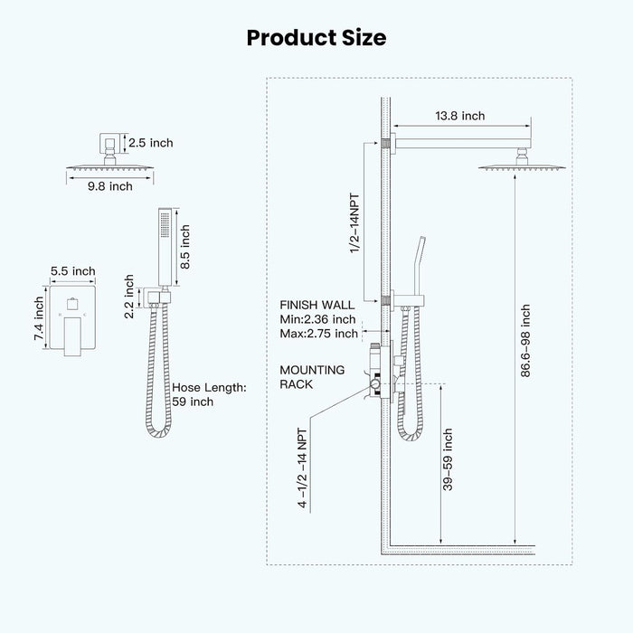 gotonovo Wall Mounted Shower System Brushed Nickel Shower Combo Set with 10 Inches Square Rain Shower Head High Pressure Head Hand Held Pressure Balance Rough-in Valve(Male Thread)