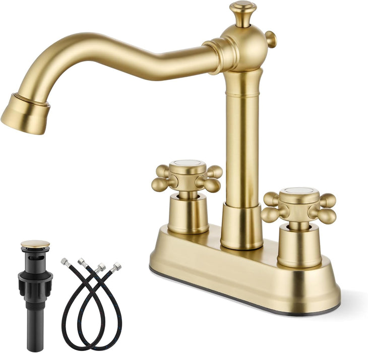 gotonovo 4 Inch Centerset Bathroom Sink Faucet 2 Hole Brass 2 Double Cross Handles Vanity Deck Mounted Mixer Tap Basin Lavatory Faucet Include Water Hose with Pop Up Drain