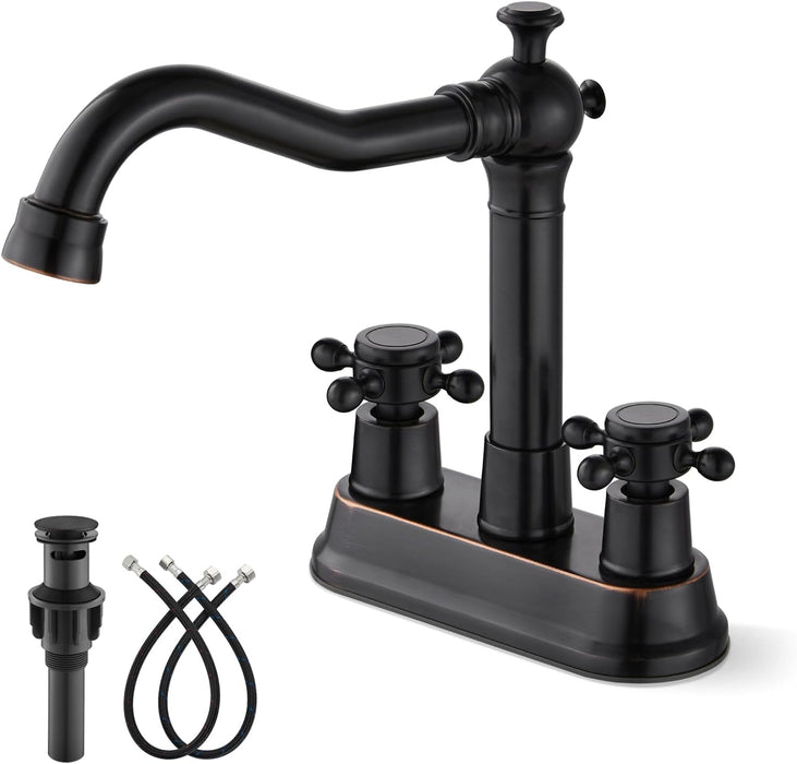 gotonovo 4 Inch Centerset Bathroom Sink Faucet 2 Hole Brass 2 Double Cross Handles Vanity Deck Mounted Mixer Tap Basin Lavatory Faucet Include Water Hose with Pop Up Drain