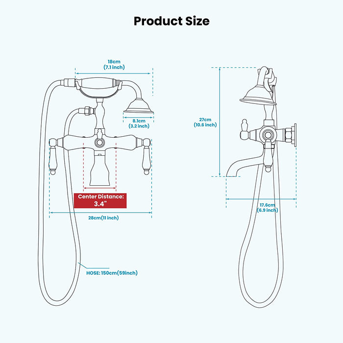 gotonovo Vintage Clawfoot Tub Faucet 3 3/8 Wall Mounted With Handheld Shower Sprayer with Tub Spout Double Level Handle Hot and Cold Water Mixer Shower Faucet Set