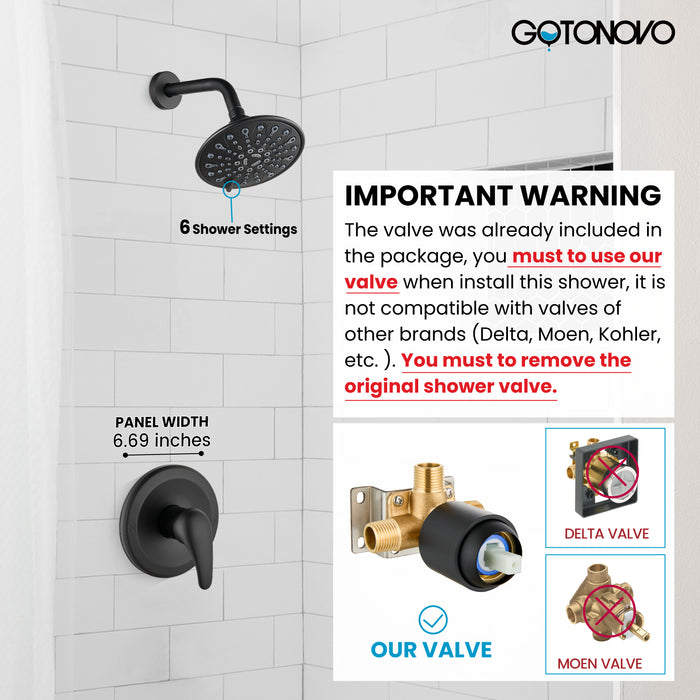 gotonovo Shower Faucet Set Bathroom Shower Head and Handle Set Complete 6 Settings 6 inch Rainfall Shower Head Kit High Pressure Shower System Combo Shower Trim Kit with Valve