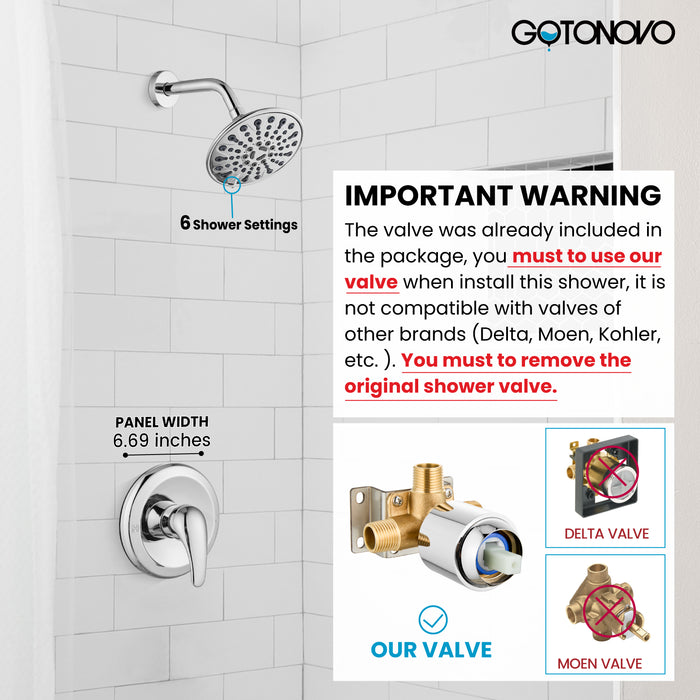 gotonovo Shower Faucet Set Bathroom Shower Head and Handle Set Complete 6 Settings 6 inch Rainfall Shower Head Kit High Pressure Shower System Combo Shower Trim Kit with Valve