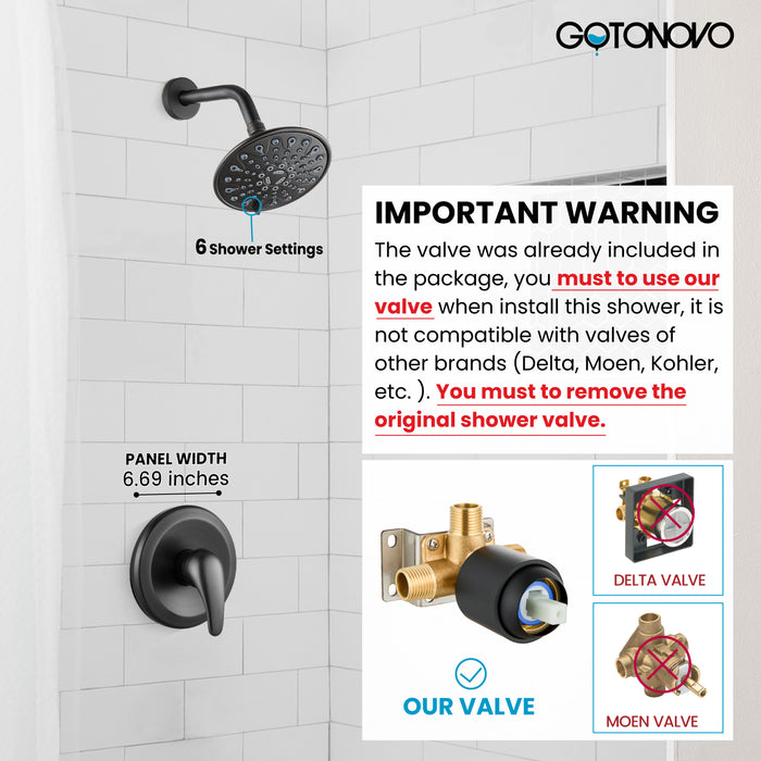 gotonovo Shower Faucet Set Bathroom Shower Head and Handle Set Complete 6 Settings 6 inch Rainfall Shower Head Kit High Pressure Shower System Combo Shower Trim Kit with Valve