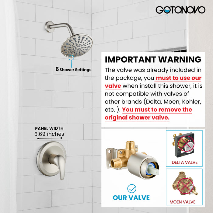 gotonovo Shower Faucet Set Bathroom Shower Head and Handle Set Complete 6 Settings 6 inch Rainfall Shower Head Kit High Pressure Shower System Combo Shower Trim Kit with Valve