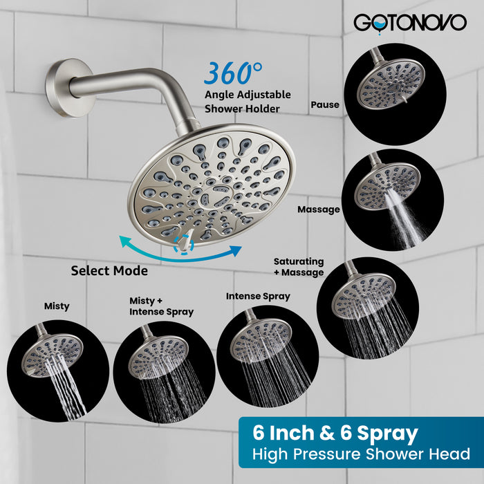 gotonovo Shower Faucet Set Bathroom Shower Head and Handle Set Complete 6 Settings 6 inch Rainfall Shower Head Kit High Pressure Shower System Combo Shower Trim Kit with Valve