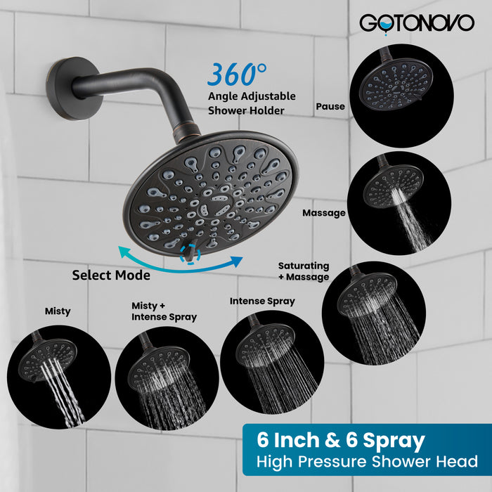 gotonovo Shower Faucet Set Bathroom Shower Head and Handle Set Complete 6 Settings 6 inch Rainfall Shower Head Kit High Pressure Shower System Combo Shower Trim Kit with Valve