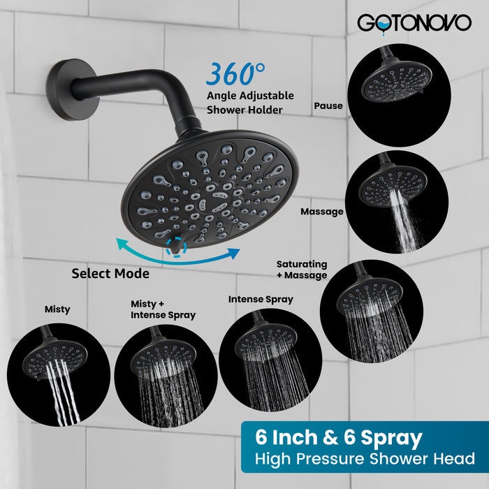 gotonovo Shower Faucet Set Bathroom Shower Head and Handle Set Complete 6 Settings 6 inch Rainfall Shower Head Kit High Pressure Shower System Combo Shower Trim Kit with Valve