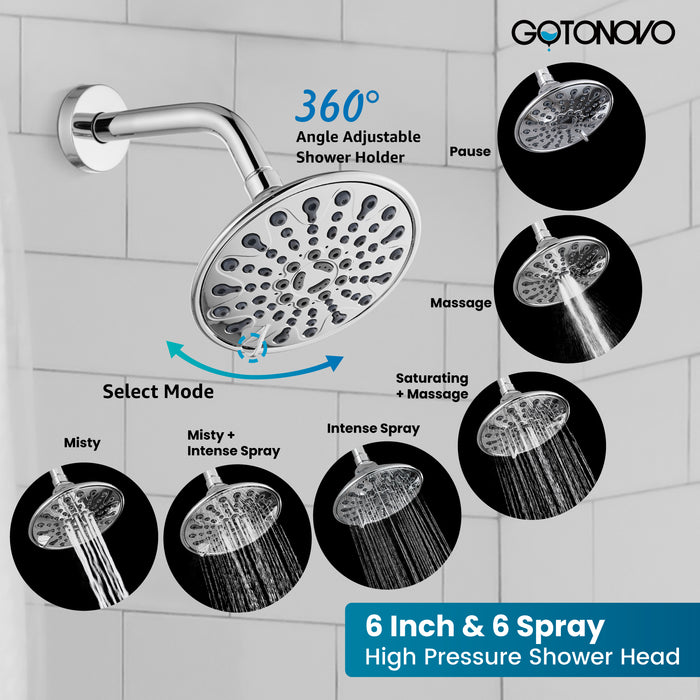 gotonovo Shower Faucet Set Bathroom Shower Head and Handle Set Complete 6 Settings 6 inch Rainfall Shower Head Kit High Pressure Shower System Combo Shower Trim Kit with Valve