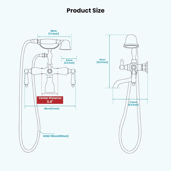 gotonovo Vintage Clawfoot Tub Faucet 3 3/8 Wall Mounted With Handheld Shower Sprayer with Tub Spout Double Level Handle Hot and Cold Water Mixer Shower Faucet Set