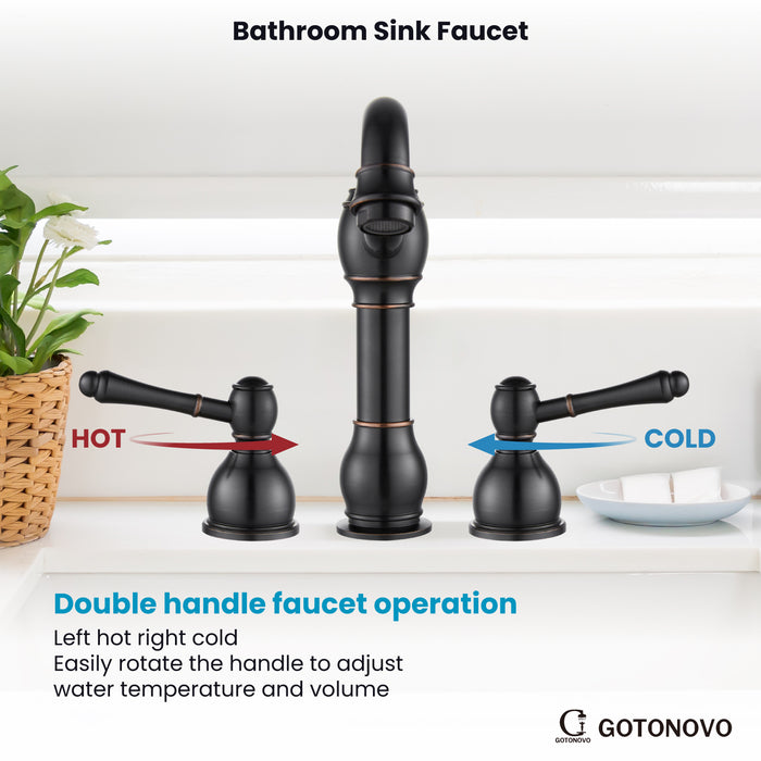 gotonovo 8 Inch Widespread Bathroom Faucets for Sink 3 Hole 2 Lever Handle Deck Mount with Pop Up Drain Hot and Cold Water Supply Lines