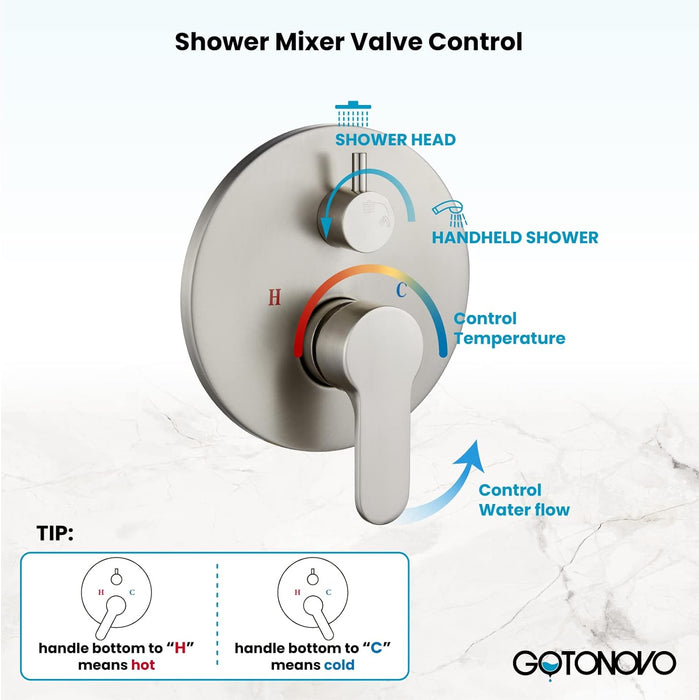 gotonovo Shower Trim Kit 10 inch 3 Modes Round Rainfall Shower Head Wall Mounted 6-Functions ABS Handheld Spray Shower System Pressure Balanced Rough-in Valve and Trim Included
