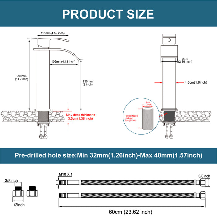 gotonovo Waterfall Bathroom Bowl Vessel Sink Tall Faucet1 Hole Single Handle Lavatory Vanities Mixer Tap Deck Mount with Large Rectangular Spout