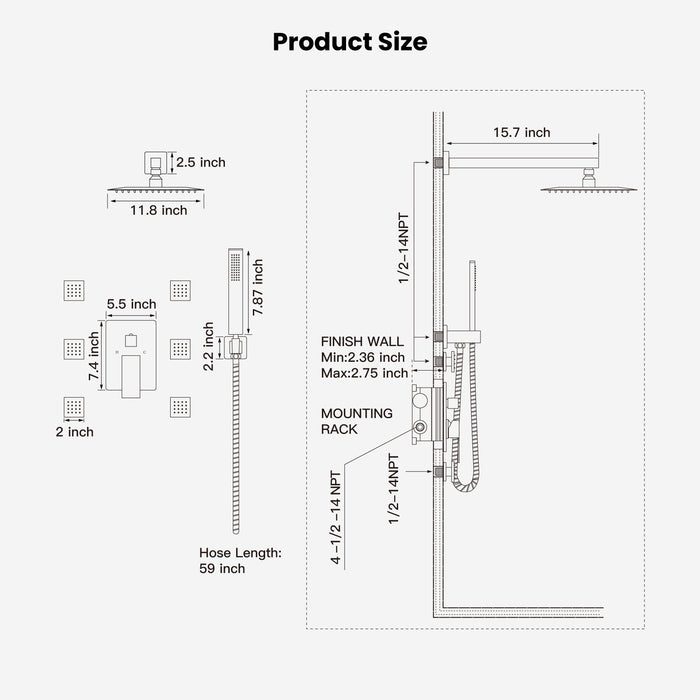 gotonovo Shower Faucet with Full Body Jets Rain Mixer 12 inch Rainfall Shower Head and Handheld Spray Combo Wall Mounted Rough-in Valve and Trim Included with 6pcs Body Message Jets