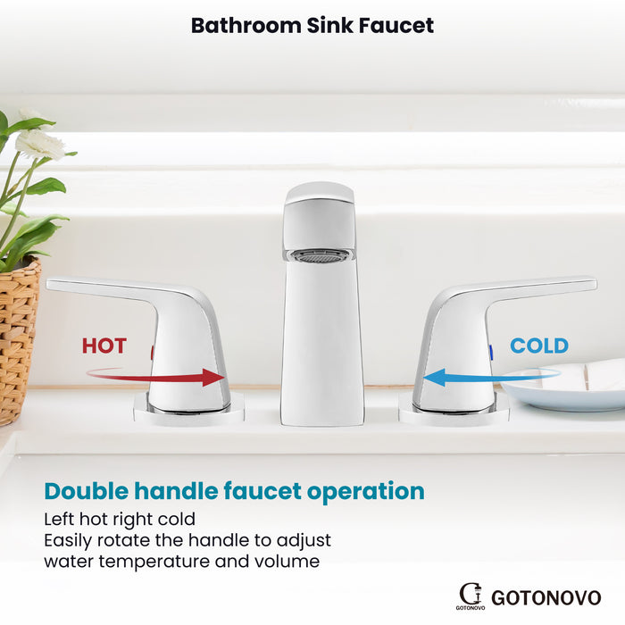 gotonovo Bathroom Sink Faucet 3 Holes 2 Handles Widespread 8 Inch Bathroom Faucet with Pop Up Drain Hot Cold Water Supply Lines Lavatory Vanity Mixer Tap, Thick Style