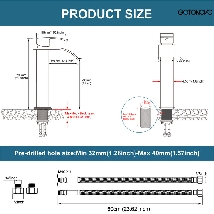 gotonovo Waterfall Bathroom Bowl Vessel Sink Tall Faucet1 Hole Single Handle Lavatory Vanities Mixer Tap Deck Mount with Large Rectangular Spout