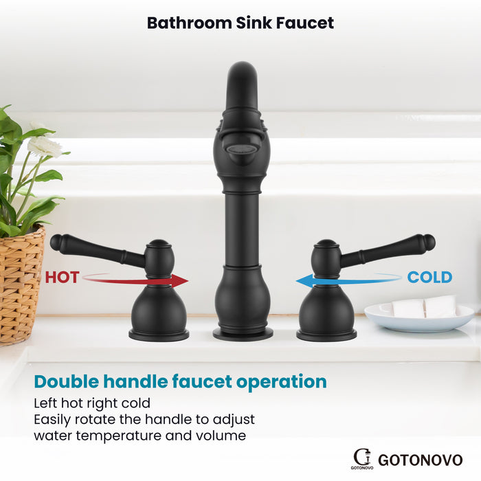 gotonovo 8 Inch Widespread Bathroom Faucets for Sink 3 Hole 2 Lever Handle Deck Mount with Pop Up Drain Assembly with Hot and Cold Water Supply Lines