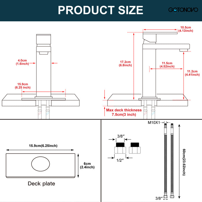 gotonovo Bathroom Sink Faucet Single Handle 1 Hole One Lever Stainless Steel SUS304 Commercial Deck Mount Lavatory Mixer Tap Include Pop Up Drain and Cover Plate