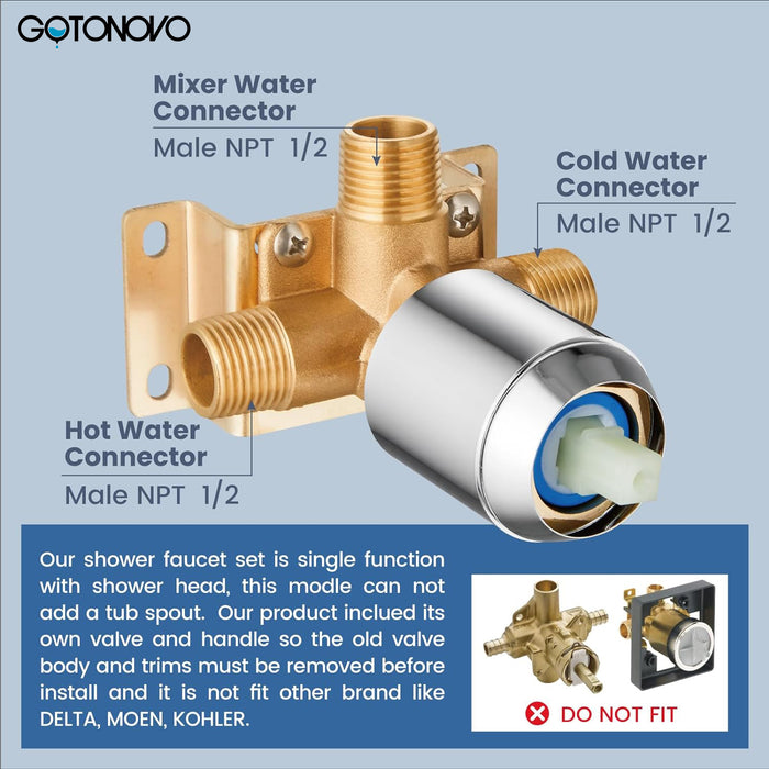 gotonovo Shower Faucet Set, Single Function Shower Trim Kit, Wall Mount 8 Inch Round Rainfall Shower Head and Handle Set, Single Handle Shower System Set Rough-in Valve