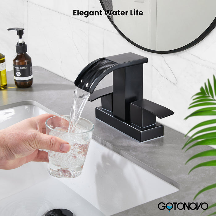 gotonovo Waterfall 4 Inch Centerset Bathroom Sink Faucet 2 Handle Basin Faucets 2 or 3 Hole Deck Mount with Pop Up Drain Included Lavatory Modern Mixer Tap Vanity Faucet