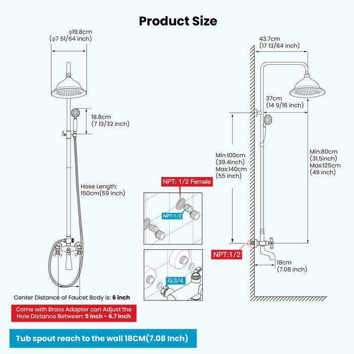 Gotonovo Exposed Shower System 8 Inch Rainfall Shower Head with Tub Spout and Handheld Spray Dual Cross Handle Bathroom Shower Faucet Wall Mount