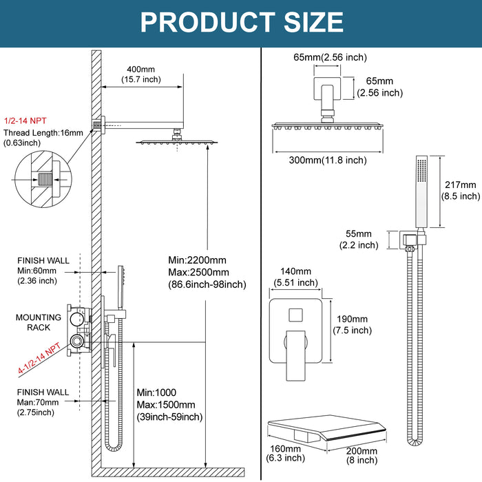 gotonovo Shower System 12 Inch Square Shower Head with Handheld Shower and Waterfall Tub Spout Wall Mount Rainfall Shower Faucet Rough-in Valve 3 Function Shower Combo Set