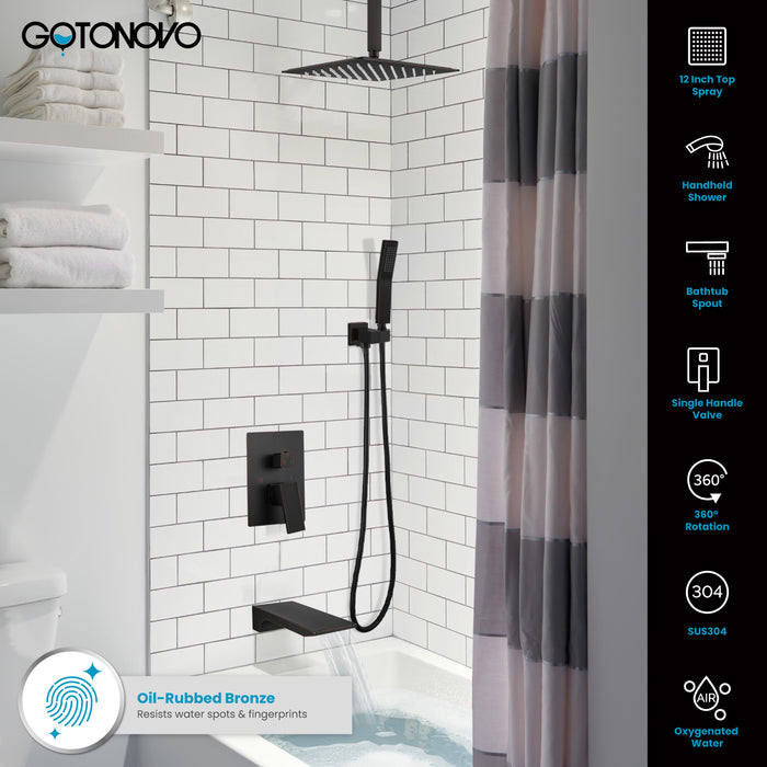 Gotonovo Rain Mixer Shower Faucet Set with Waterfall Tub Spout 12 inch Square Rainfall Shower Head with Handheld Spray Ceiling Mounted Pressure Balance Rough-in Valve and Trim Included